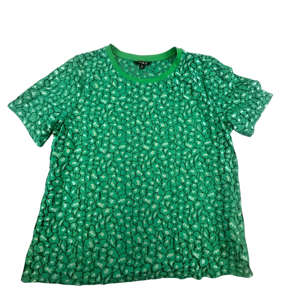IMAN Global Chic Womens XL Green Leopard Lace Short Sleeve Crewneck Top